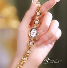 Gold Vintage Women Watch with Pearl inlaid Bracelet Womens Pearl Vintage Watch