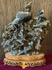 Vintage Chinese Hand-Carved SoapstoneTiger Eye Bird Statue on Wood Stand ~ 8.5”