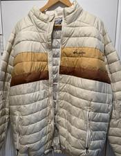 Columbia Men's Striped Puffer Jacket Beige Brown Tan Mid-Length Winter Fall