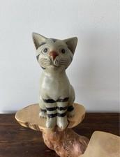 Wood Cat Figurine Gray with Black Stripes Collectible Sculpture