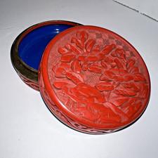 3.5" Round Lidded Red Cinnabar Trinket Box Brass With Enamal Interior