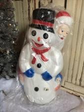 Vintage Christmas Blow Mold Snowman with Friends Lighted Union New Old Stock 30”