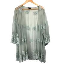 Torrid Sage Green Embroidered Mesh Kimono Cardigan Plus Size 3/4 Beach Cover Up