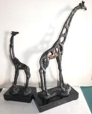 2-Abstract Brutalist Cast Iron Giraffe Mother & Calf Sculpture On Granite Base
