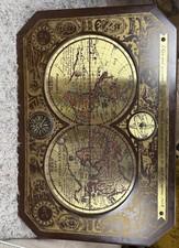 Vintage 1964 Masketeers Large Brass and Wood Map of the World in 1628 43” X 30”