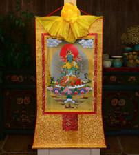 Tibet Tibetan Buddha Print Silk Gild Thangka Thanka Buddhism Green Tara Kwan-yin