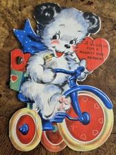 Vintage 1944 Hallmark Valentine Card Nephew Cute Puppy Dog Riding Bike Ephemera