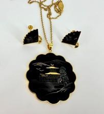 Vintage Amita Japanese Damascene Pendant 24" Necklace & Screw Back Fan Earrings 