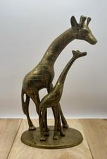 Vintage Solid Cast Brass Giraffe Mother With Calf Sculpture Figure 11.5 Inch