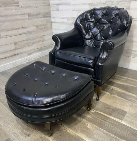 Mid century tufted black chair & ottoman - delivery available