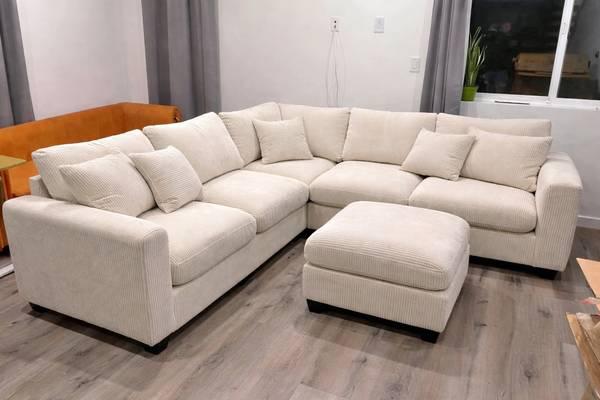 Brand new ivory color corduroy Sectional Sofa with ottoman
