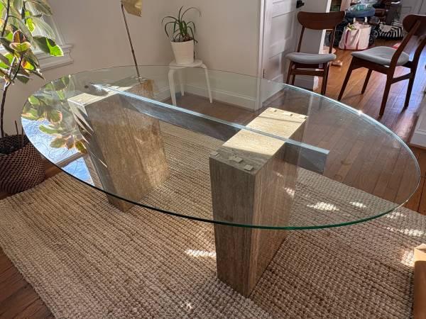 VINTAGE Post Modern Artedi style travertine and glass dining table