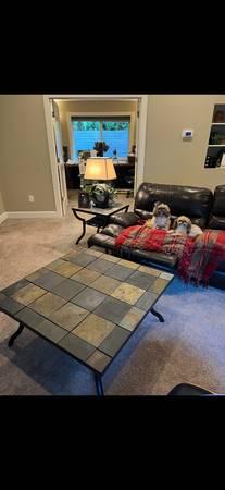 Natural slate stone and wrought iron coffee table and end table