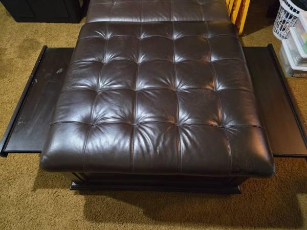 Large Tufted Leather Ottoman with Storage Drawers & Slide-Out Trays 11
