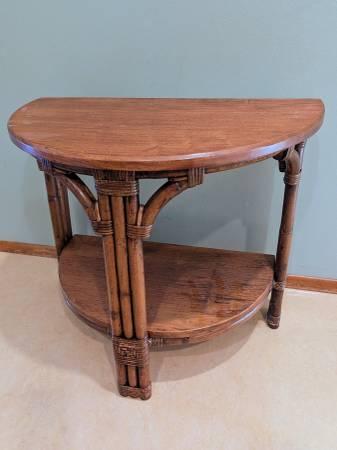 Vintage Hardwood and Rattan Half-Round Console Table