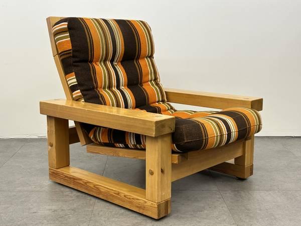 Mid Century Swedish Pine Lounge Chair w Striped Cushions