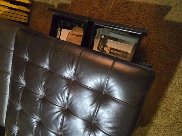 Large Tufted Leather Ottoman with Storage Drawers & Slide-Out Trays 9