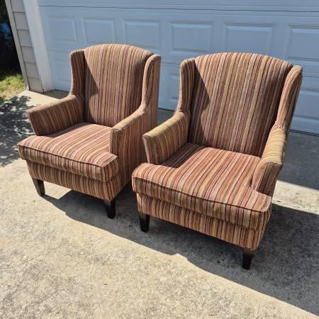 2010 Large Scale Modern Wingback Arm Chairs Brown Striped - A Pair 11