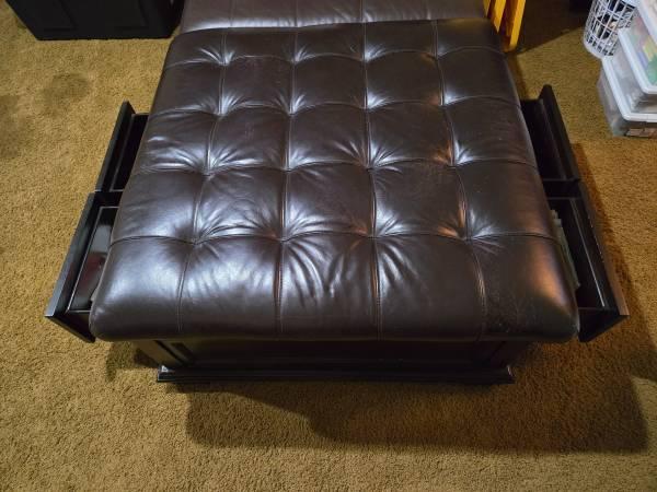 Large Tufted Leather Ottoman with Storage Drawers & Slide-Out Trays 10