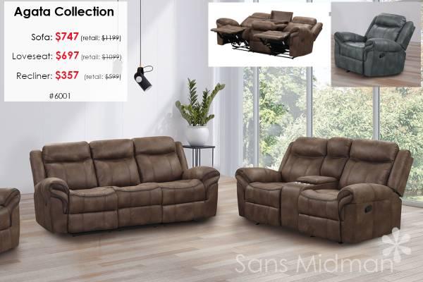 NEW IN BOX! Agata Reclining Sofa, with Drop Down Center Console!