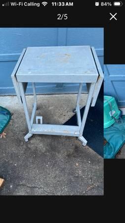 Real, side fold down table metal Tiffany Work  bench stand. Yes it’s a re 2