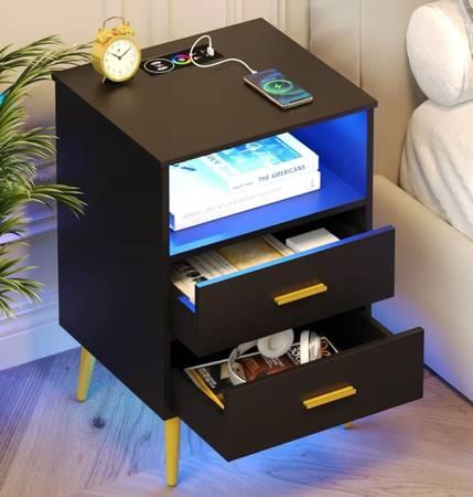 FREDEES 23.6" 2-Drawer Black Bedside Night Stand with Charging Station, LED Ligh