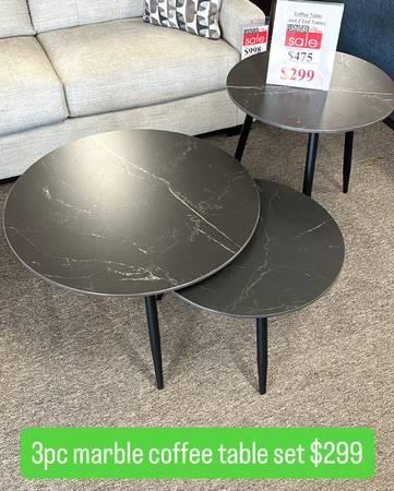 3pc Round Marble Coffee table Set, 2 End tables and Coffee Table $299