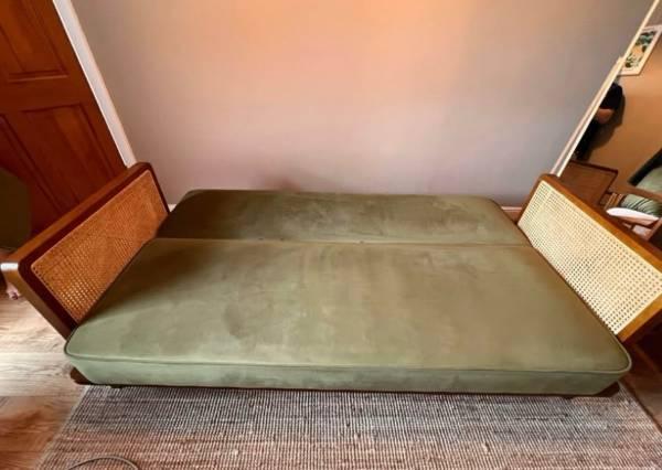 Pienza Cane Sofa Bed, Moss Green Velvet with Walnut and Rattan Frame 3