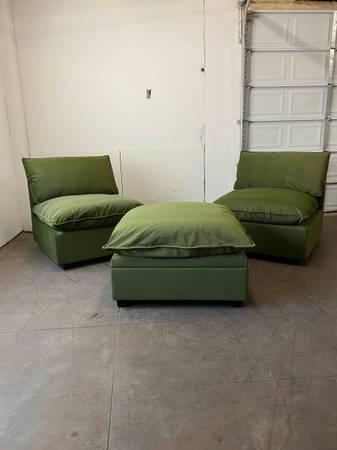 NEW Albany Park Kova Armless Chairs + Storage Ottoman in Olive Velvet.FREE DELIV
