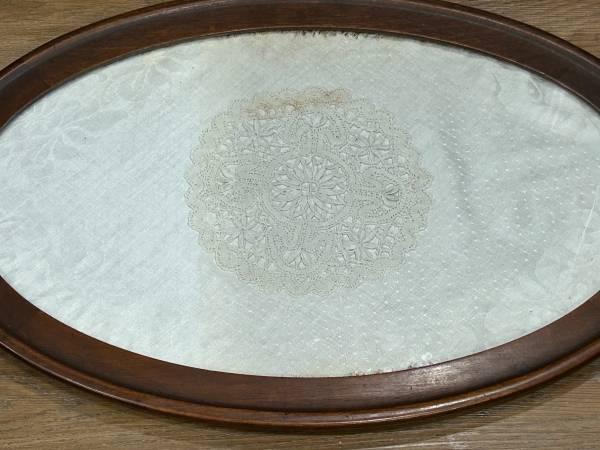 Antique Oval Wood Inlay and Glass Serving Tray 3