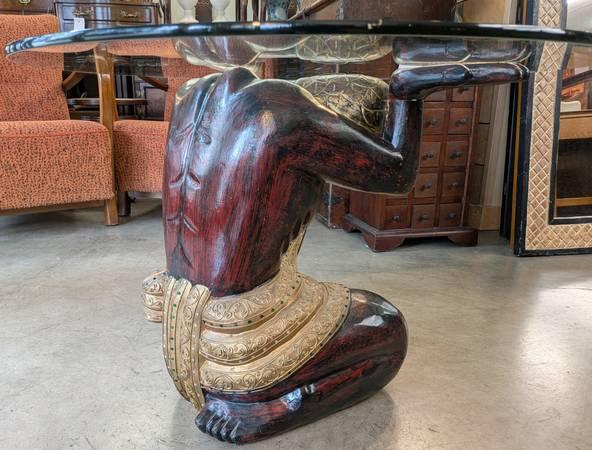 Vintage 1930's Glass Top Carved Solid Wood Base Coffee Table from 7
