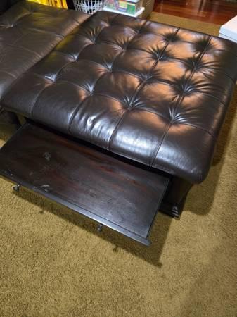 Large Tufted Leather Ottoman with Storage Drawers & Slide-Out Trays 6