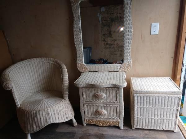 Rattan Chair, Nightstand, Mirror and Basket