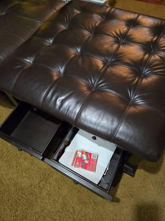 Large Tufted Leather Ottoman with Storage Drawers & Slide-Out Trays 4