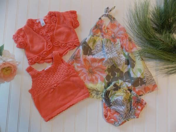 Vtg Janie & Jack Baby Girls 3-6M Peach & Green Floral Summer Set 4pc