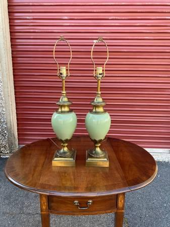 Vintage Stiffel Brass & Celadon Green Glass Lamps – Matching Pair || Heavy, H