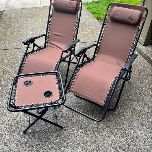 2 Brown Zero Gravity Chairs with Matching Side Table