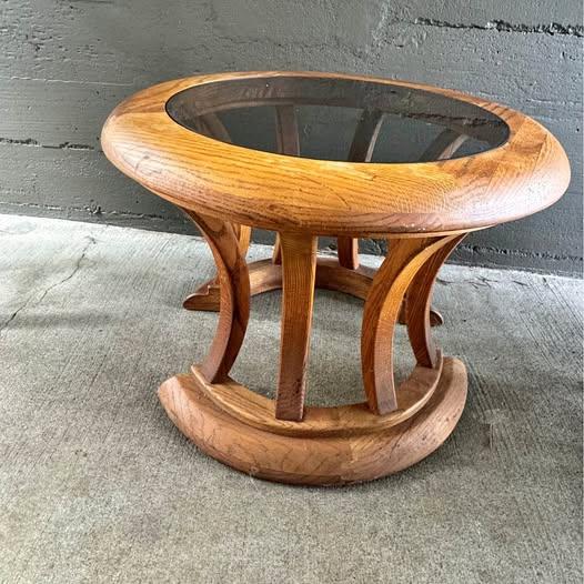 Round Wooden Side Table With Tinted Glass