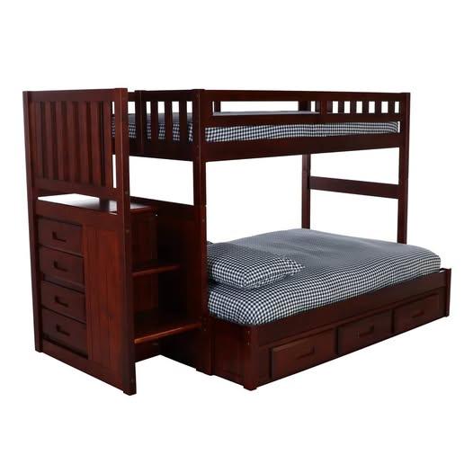 Cherry Twin/Full Bunk Bed w/ Storage Stairs and Drawers