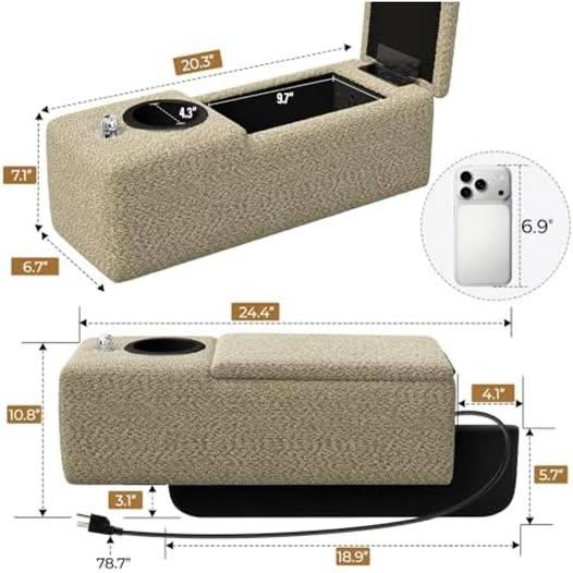 Couch Caddy Armrest, With charging, cupholder and storage, New in box Camel Colored