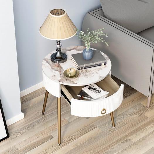 ASYA White Round End Table with Drawer, Side Table Nightstand with Natural Stone Top