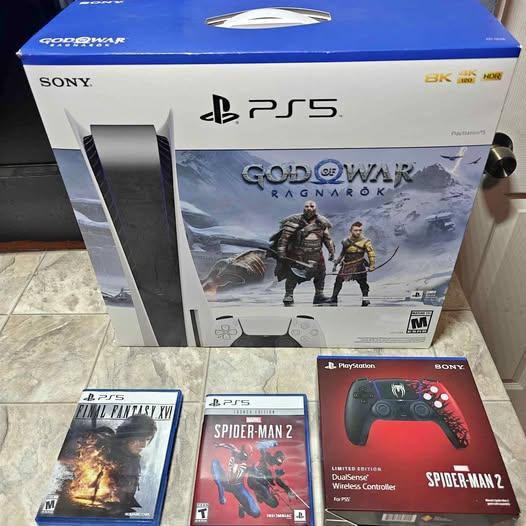 PlayStation 5 in box, limited edition spiderman controller, spiderman 2, ffxvi