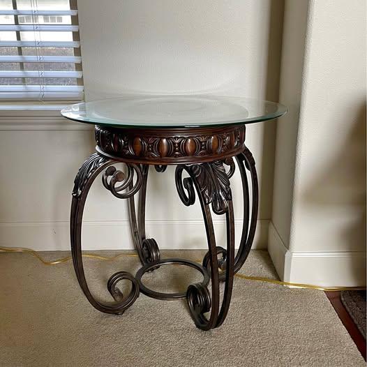 Side table (round) Metal and Wood with glass top.