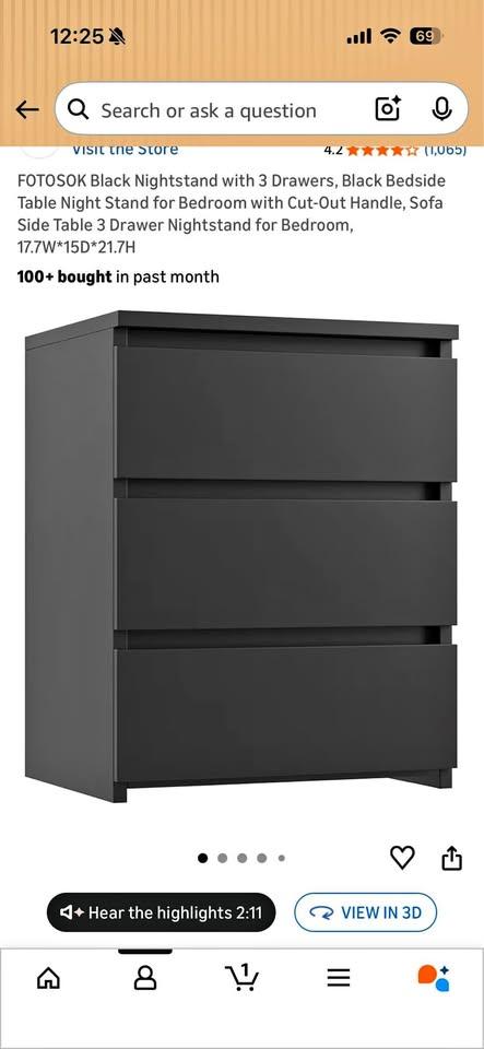 3 Drawer Nightstand - Black