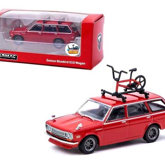 Tarmac Works 1:64 Datsun Bluebird 510 Wagon (Red) with Bicycle and Rack – Global64