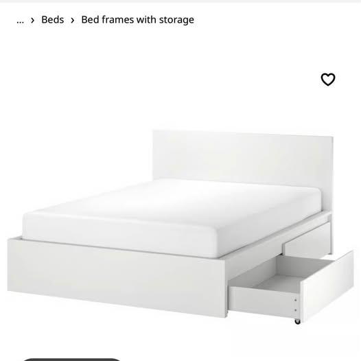 IKEA white Malm High bed frame/2 storage boxes
