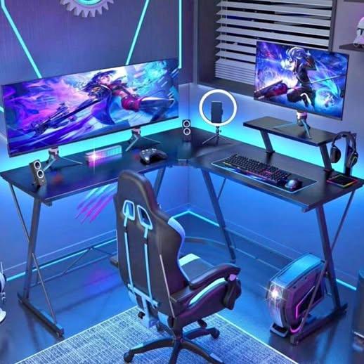 Black 51 Inch L Shaped Gaming Table, Corner Computer Desk With Large Monitor Stand And Carbon Fiber