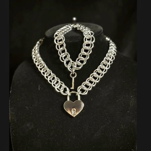 Chainmail Locked Heart Choker Necklace Bracelet Set