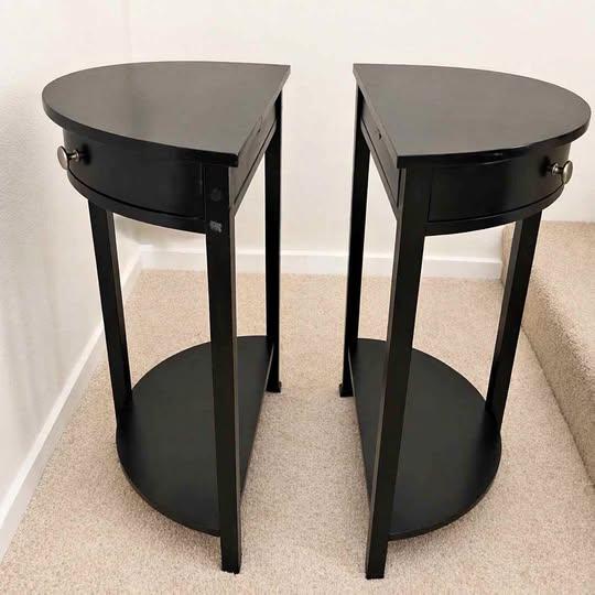 Pair Black Half-Moon Console Tables w/ Drawer & Shelf