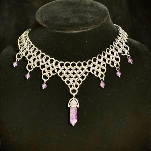 European Chainmail Choker Necklace with Amethyst Crystal Drop Pendant
